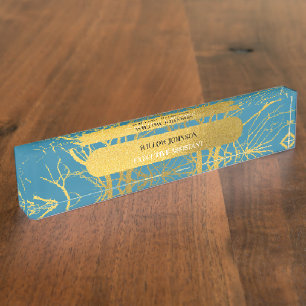 Goldene Baumzweig-Muster Blaue Hintergrund Namensplakette