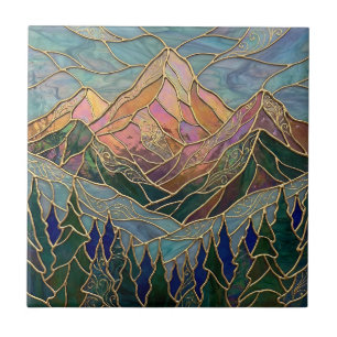 Goldene Berggipfel-Wald-Buntglas-Kunst Fliese