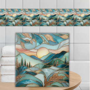 Goldene Berggipfel-Wald-Buntglas-Kunst Fliese