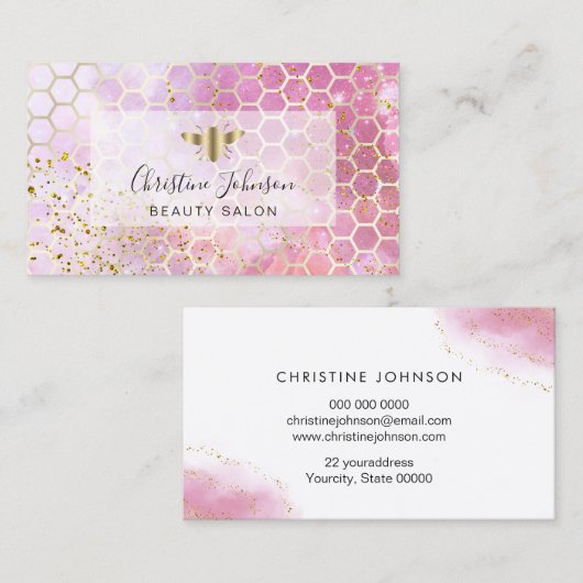 goldene Biene auf IMITATEN Glitzer lila rosa Aquar Visitenkarte (Vorne/Hinten)