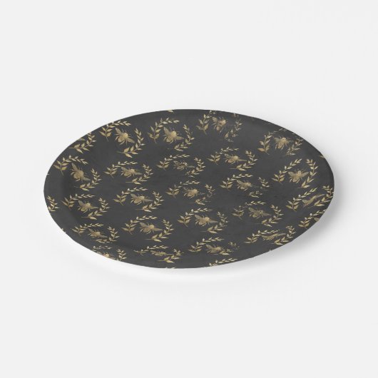 Goldene Biene auf schwarzem Party Pappteller (Schrägansicht)