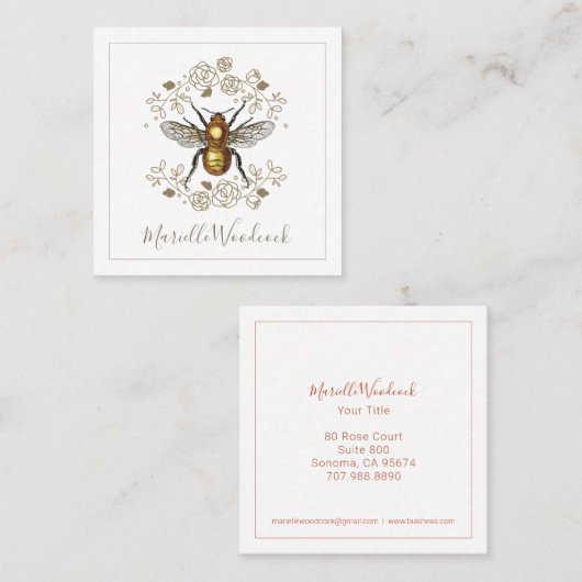 Goldene Biene und Rose Quadratische Visitenkarte (Vorne/Hinten)