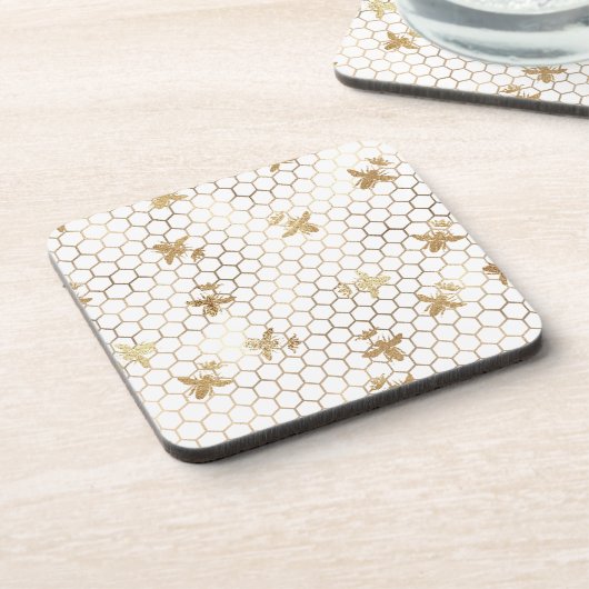 Goldene Bienen und Honeycomb auf Weiß Getränkeuntersetzer (Linke Seite)