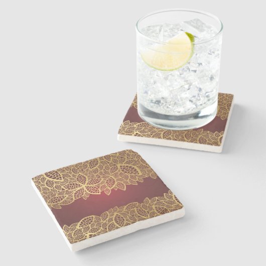 Goldene Blatspitze auf rotem Hintergrund Steinuntersetzer (Seitenansicht)