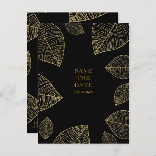 Goldene Blätter auf Black Elegant SAVE THE DATE Ankündigungspostkarte (Vorne/Hinten)