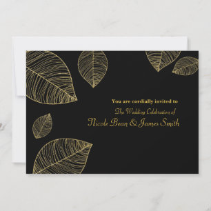 Goldene Blätter auf schwarzen eleganten Hochzeitse Einladung
