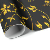Goldene Blätter Damaskus auf schwarz Geschenkpapier (Rolleneckpunkt)