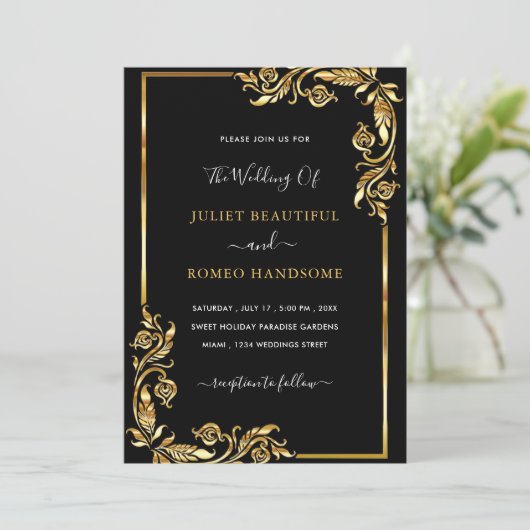 Goldene Blätter Gerahmte Einladung zur Hochzeit Bl (Stehend Vorderseite)