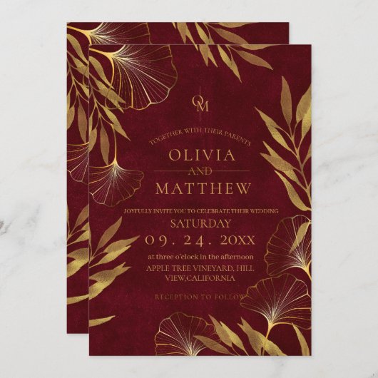 Goldene Blätter / Goldene und Burgunder Einladung (Vorne/Hinten)