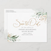 Goldene Blätter Grüne Save the Date Postkarte (Vorne/Hinten)