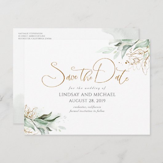 Goldene Blätter Grüne Save the Date Postkarte (Vorne/Hinten)