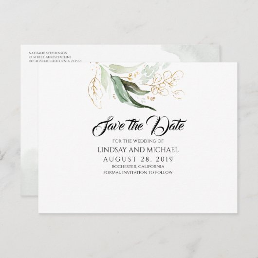 Goldene Blätter Grüne Save the Date Postkarte (Vorne/Hinten)