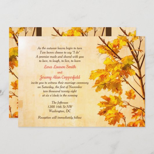 Goldene Blätter Hochzeit im Herbst Party Einladung (Vorne/Hinten)