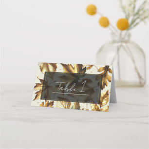 Goldene Blätter Mandel Beige und Schwarze Hochzeit Platzkarte