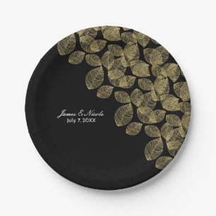 Goldene Blätter Schwarze Herbst Eleganz Hochzeit Pappteller