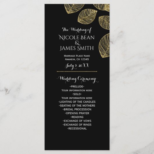 Goldene Blätter Schwarzes Herbst-Hochzeitsprogramm Programm (Vorderseite)