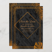 Goldene Blätter und geometrische Rahmen für tropis Save The Date (Vorne/Hinten)