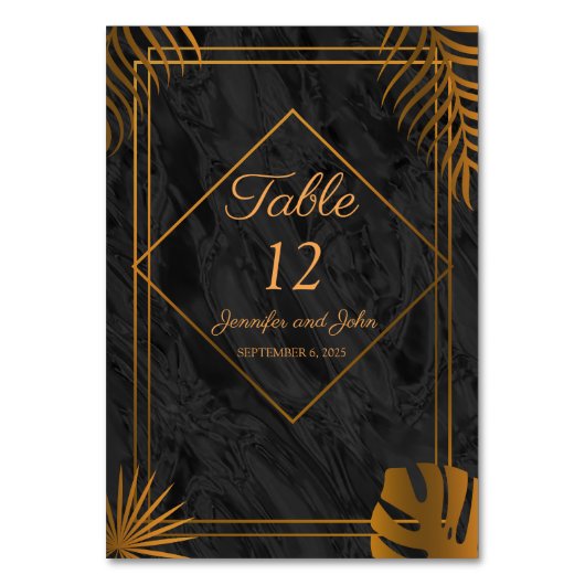 Goldene Blätter und geometrische Rahmen für tropis Tischnummer (Vorderseite)