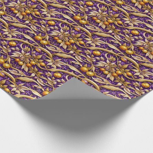 Goldene Blätter und Granatäpfel Lila Geschenkpapier (Ecke)