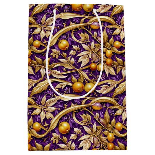 Goldene Blätter und Granatäpfel Lila Mittlere Geschenktüte (Vorderseite)