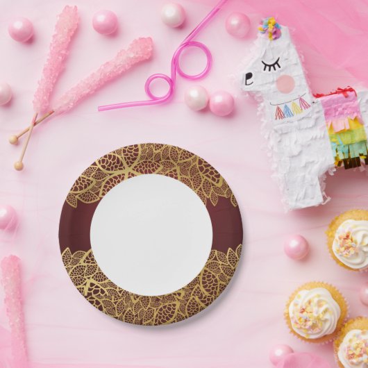 Goldene Blattspitze auf rotem Grund Pappteller (Party)