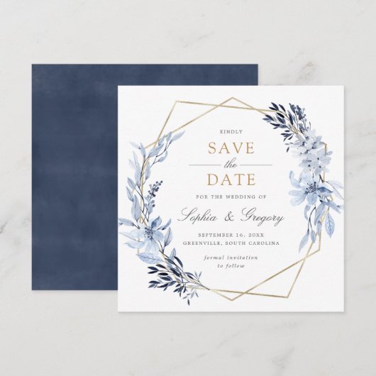 Goldene Blau-Blätter Save the Date Einladung (Vorne/Hinten)