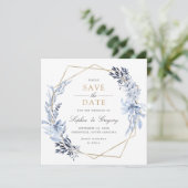 Goldene Blau-Blätter Save the Date Einladung (Stehend Vorderseite)