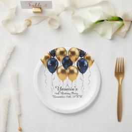 Goldene blaue Ballons mit individuellem Namen und Pappteller