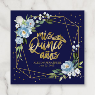 Goldene blaue Blumen-Quinceanera Geschenkanhänger