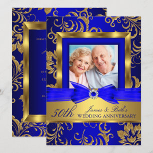 Goldene blaue Blumenfoto zum 50. Hochzeitstag Einladung