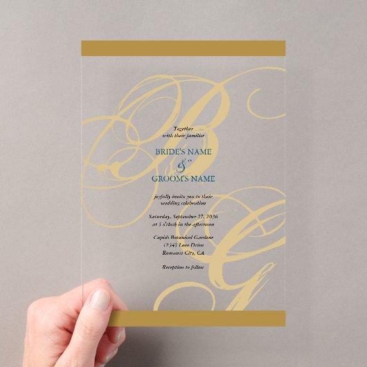 Goldene Blaue Elegante Schrift Monogramm Hochzeit Acryleinladungen (Insitu (Handheld))