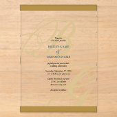 Goldene Blaue Elegante Schrift Monogramm Hochzeit Acryleinladungen (Vorderseite)