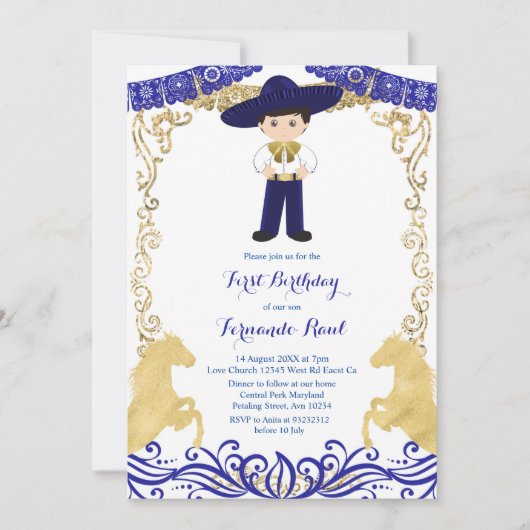 Goldene Blaue Fiesta Junge Einladung zum Geburtsta (Vorderseite)