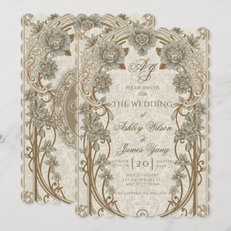 Goldene blaue florale botanische Hochzeitseinladun Einladung