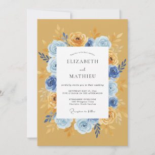 Goldene Blaue Florale Romantische Hochzeit Einladung