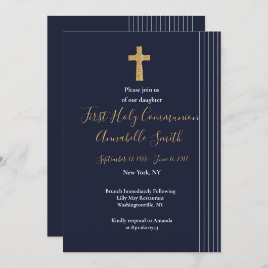 Goldene, blaue Typografie First Holy Comm Einladung (Vorne/Hinten)