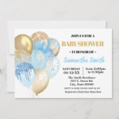 Goldene Blauer Glitzer Balloons Kinderdusche Einladung (Vorderseite)