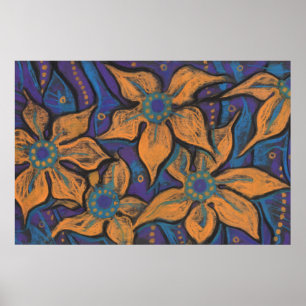 Goldene Blume, abstrakte Blumenkunst, lila orange Poster