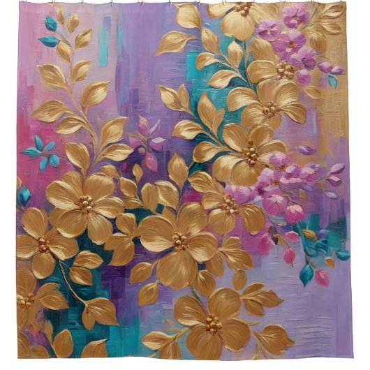 Goldene Blume auf rosa Lilac Türkis gestrichen Duschvorhang (Vorderseite)