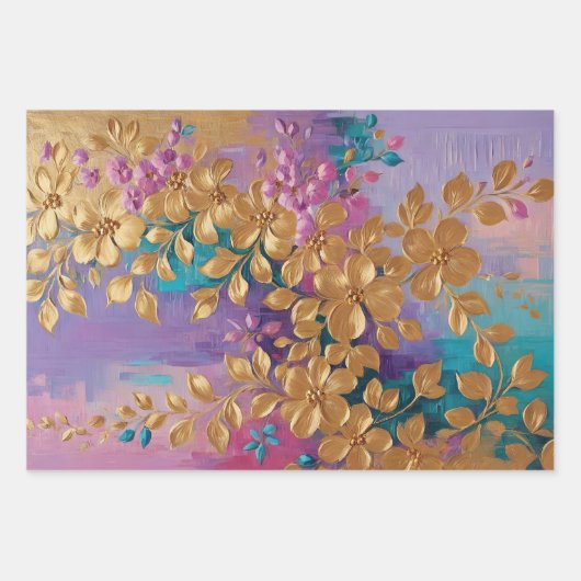 Goldene Blume auf rosa Lilac Türkis gestrichen Geschenkpapier Set (Vorderseite 3)