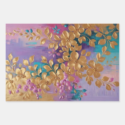 Goldene Blume auf rosa Lilac Türkis gestrichen Geschenkpapier Set (Vorderseite 2)