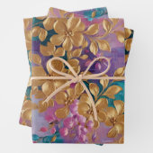 Goldene Blume auf rosa Lilac Türkis gestrichen Geschenkpapier Set (Beispiel)