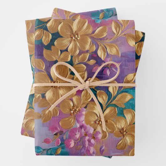 Goldene Blume auf rosa Lilac Türkis gestrichen Geschenkpapier Set (Beispiel)