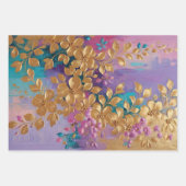 Goldene Blume auf rosa Lilac Türkis gestrichen Geschenkpapier Set (Vorderseite)