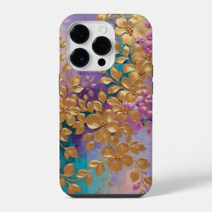 Goldene Blume auf rosa Lilac Türkis gestrichen iPhone 14 Pro Hülle