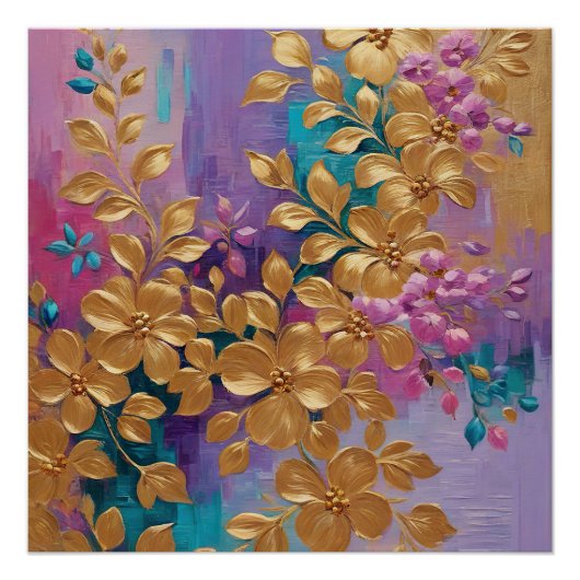Goldene Blume auf rosa Lilac Türkis gestrichen Poster (Vorderseite)