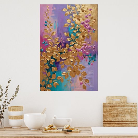 Goldene Blume auf rosa Lilac Türkis gestrichen Poster (Küche)