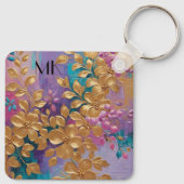 Goldene Blume auf rosa Lilac Türkis gestrichen Schlüsselanhänger (Rückseite)