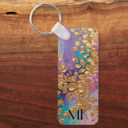 Goldene Blume auf rosa Lilac Türkis gestrichen Schlüsselanhänger (Vorderseite)