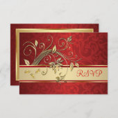 Goldene Blume auf roten Damast Hochzeitsstimmung U RSVP Karte (Vorne/Hinten)